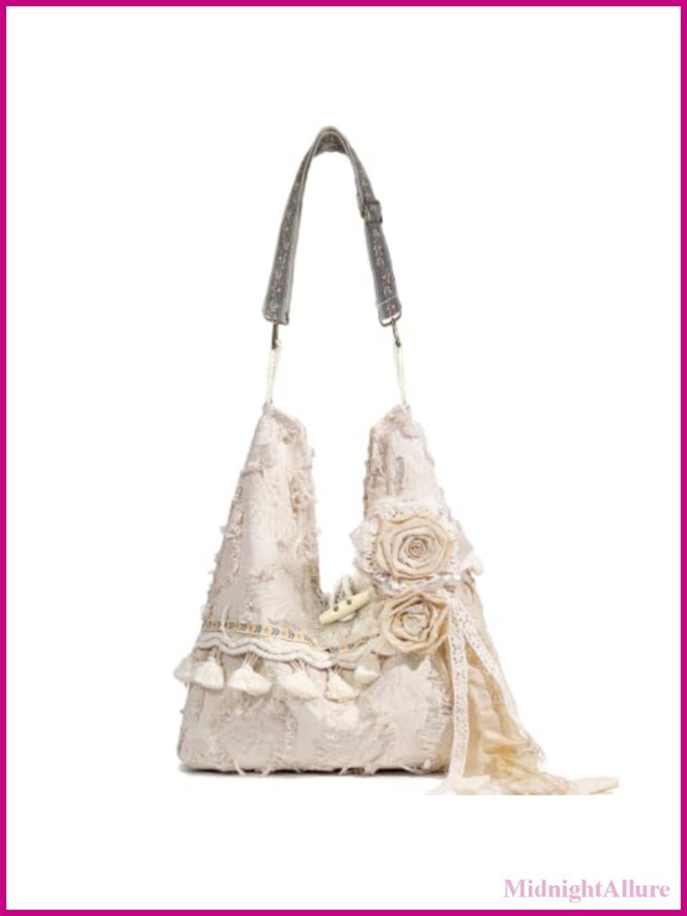 Boho Hobo Bag with Fringe and Removable Flowers, Crossbody Shoulder Purse